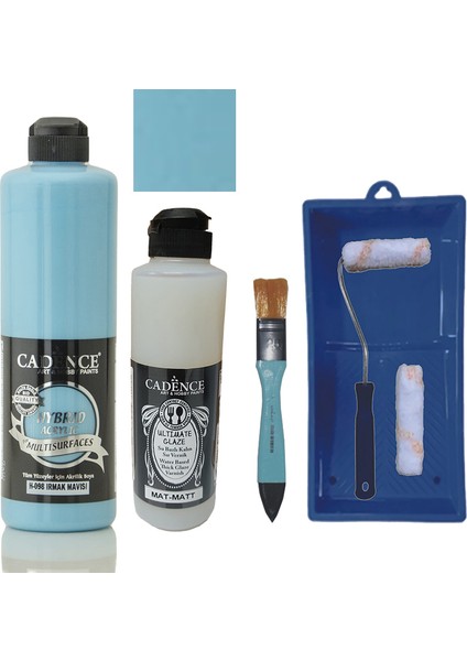 Mobilya Boyası - Multisurface H - 098 Irmak Mavisi 500 ml + Ultimate Vernik Mat 250 ml + Saten Rulo Set