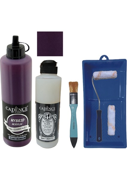 Mobilya Boyası - Multisurface H - 064 Mürdüm 500 ml + Ultimate Vernik Mat 250 ml + Saten Rulo Set