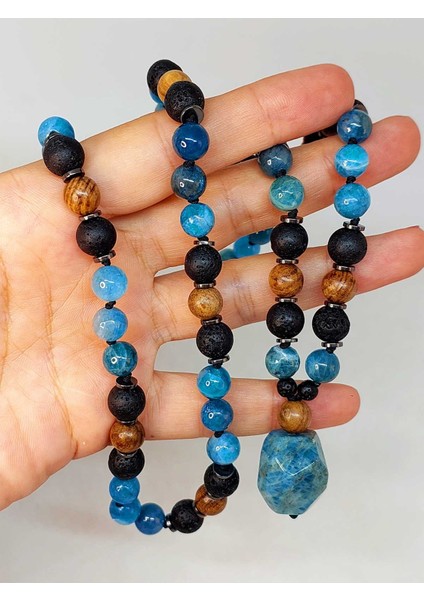 Apatit - Hematit - Lav Taşı & Venge Ağacı Tasarım Unisex Kolye (44355)