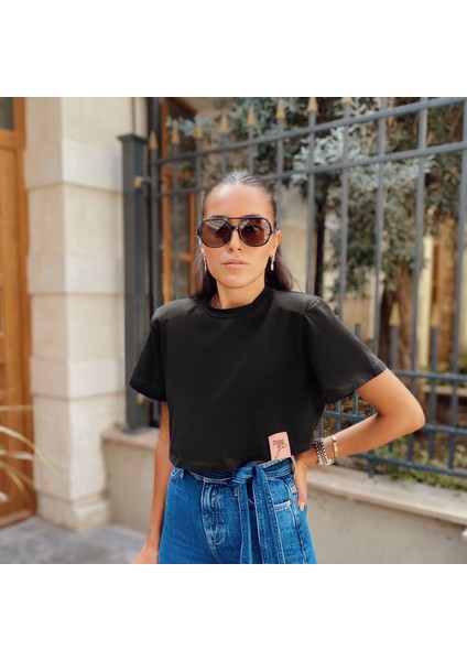 Castor Vatkalı Crop Siyah T-Shirt