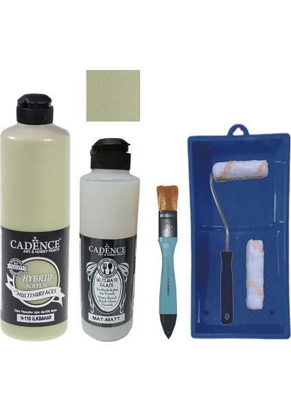 Mobilya Boyası - Multisurface H - 110 Ilkbahar 500 ml + Ultimate Vernik Mat 250 ml + Saten Rulo Set