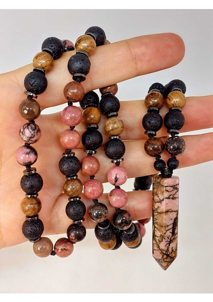 Rodonit - Hematit - Lav Taşı & Venge Ağacı Tasarım Unisex Kolye (44370)