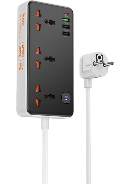 Ason Plus Hoco AC8A 2500W 3 Priz + 3 USB + 30W Type-C Multifonksiyonel Priz Çoğaltıcı Şarj Aleti