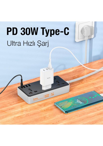 Ason Plus Hoco AC8A 2500W 3 Priz + 3 USB + 30W Type-C Multifonksiyonel Priz Çoğaltıcı Şarj Aleti