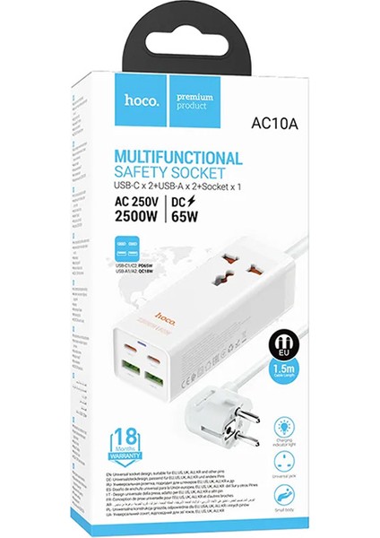 Ason Plus Hoco AC10A Barry 65W 2 Type-C + 2 Usb+Priz Multifonksiyonel Şarj Aleti