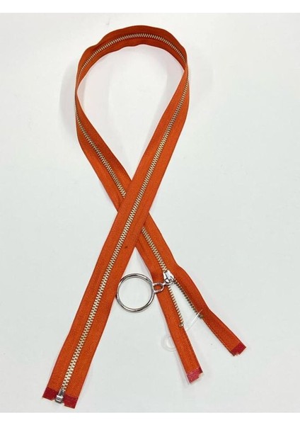 Demir Diş Kaban Mont Fermuarı / 80 cm / Turuncu / Gümüş Diş / No 4,5