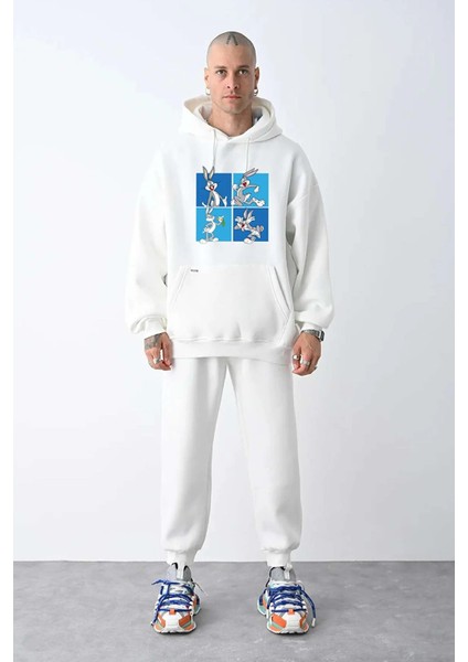 Erkek Beyaz Bugsbunny Baskılı Pamuklu Penye Kumaş Sweatshirt