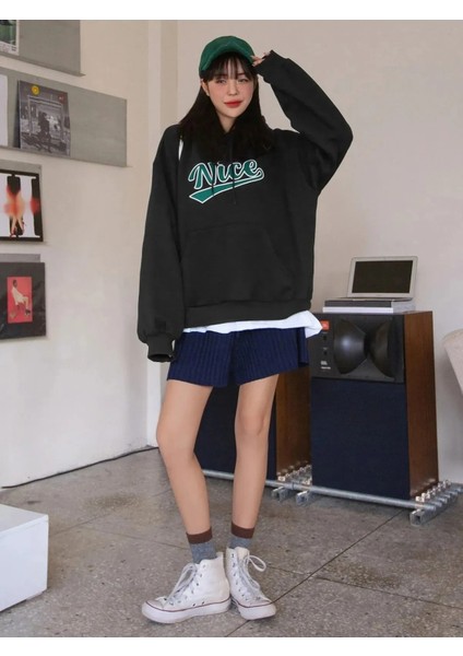 Siyah Kadın Sweatshirt Nice Baskılı Kapüşonu Rahat Giyim Oversize Sweatshirt