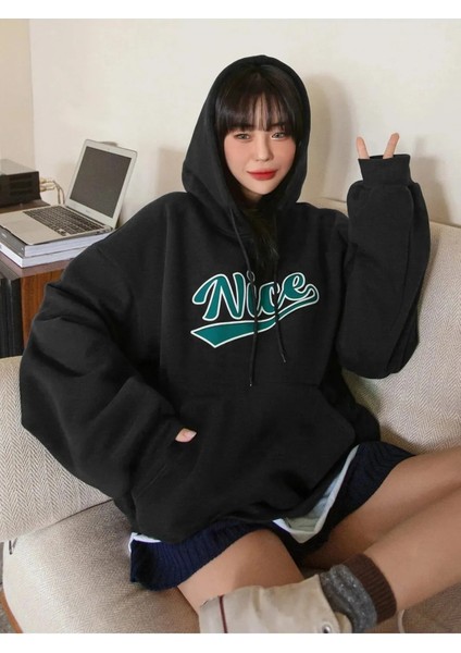 Siyah Kadın Sweatshirt Nice Baskılı Kapüşonu Rahat Giyim Oversize Sweatshirt modelleri