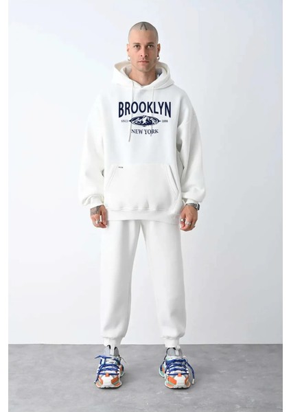 Beyaz Erkek Brooklyn Baskılı Rahat Kesim Oversize Sweatshirt