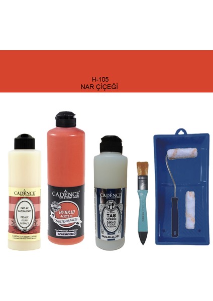 Banyo Mutfak - Multi H - 105 Nar Çiçeği 500 ml Parlak Yüzey Astarı 250 ml Taş Vernik 250 ml Saten Rulo Set