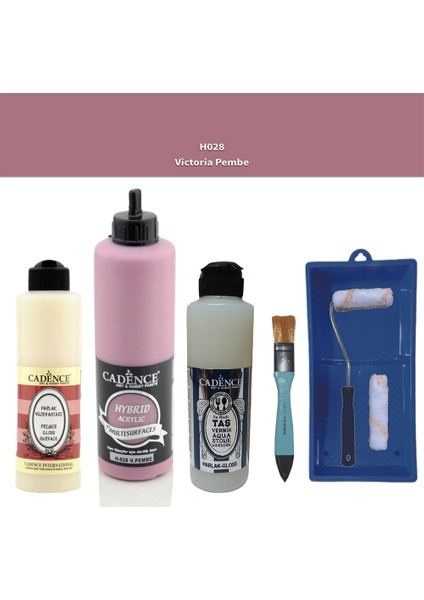Banyo Mutfak - Multi H - 028 V Pembe 500 ml Parlak Yüzey Astarı 250 ml Taş Vernik 250 ml Saten Rulo Set