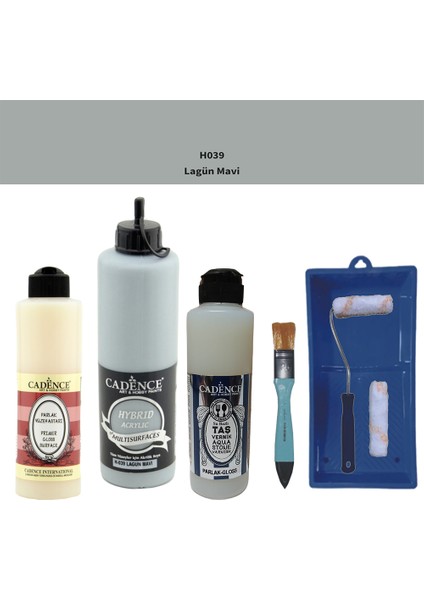 Banyo Mutfak - Multi H - 039 Lagun Mavi 500 ml Parlak Yüzey Astarı 250 ml Taş Vernik 250 ml Saten Rulo Set