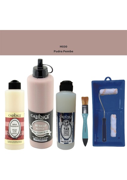 Banyo Mutfak - Multi H - 030 Pudra Pembe 500 ml Parlak Yüzey Astarı 250 ml Taş Vernik 250 ml Saten Rulo Set