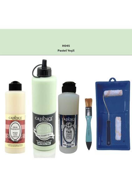 Banyo Mutfak - Multi H - 045 Pastel Yeşil 500 ml Parlak Yüzey Astarı 250 ml Taş Vernik 250 ml Saten Rulo Set