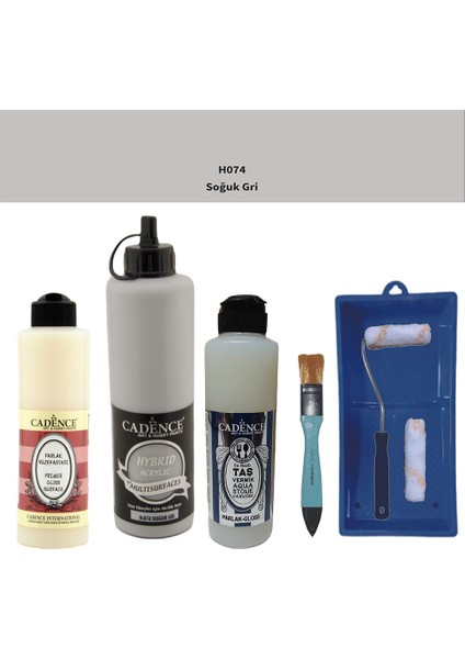 Banyo Mutfak - Multi H - 074 Soğuk gr i 500 ml Parlak Yüzey Astarı 250 ml Taş Vernik 250 ml Saten Rulo Set