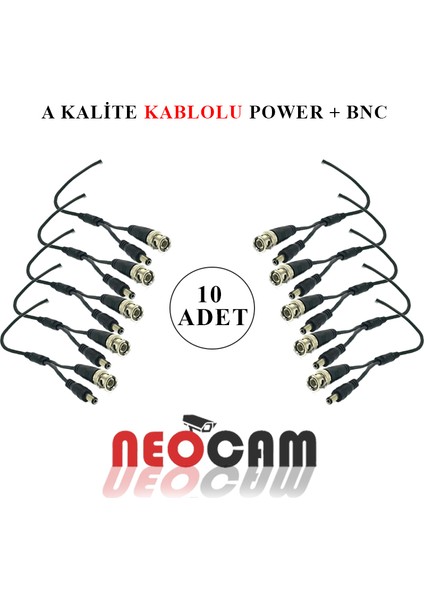 10 Adet Kablolu Hazır Bnc +Power Jack Konnektör 10 Adet Bnc+Power