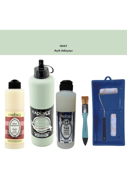 Banyo Mutfak - Multi H - 047 Açık Adaçayı 500 ml Parlak Yüzey Astarı 250 ml Taş Vernik 250 ml Saten Rulo Set