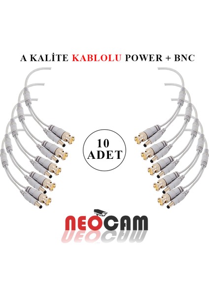 10 Adet Kablolu Hazır Bnc +Power Jack Konnektör 10 Adet Bnc+Power