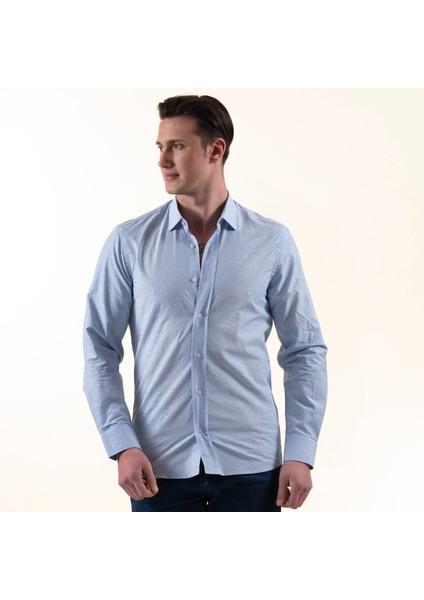 Mavi Üzerine Beyaz Kendinden Desenli Elegant Pamuk Slim Fit Erkek Gömlek