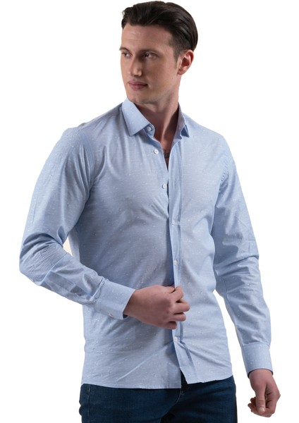Mavi Üzerine Beyaz Kendinden Desenli Elegant Pamuk Slim Fit Erkek Gömlek fiyatları