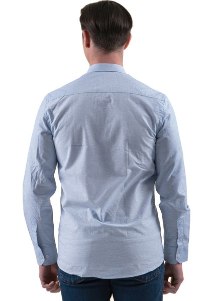 Mavi Üzerine Beyaz Kendinden Desenli Elegant Pamuk Slim Fit Erkek Gömlek fırsatları