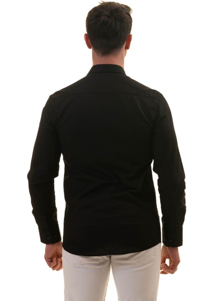 Siyah Sade Düz Pamuk Slim Fit Erkek Gömlek fırsatları