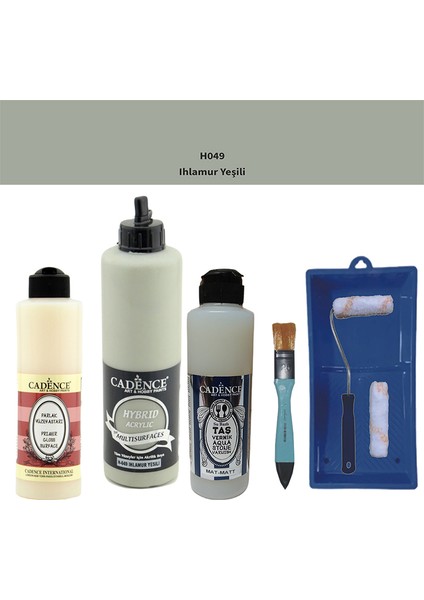 Banyo Mutfak - Multi H - 049 Ihlamur Yeşil 500 ml Parlak Yüzey Ast 250 ml Taş Vernik Mat 250 ml Saten Rulo Set