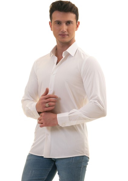 Beyaz Sade Düz Pamuk Slim Fit Erkek Gömlek