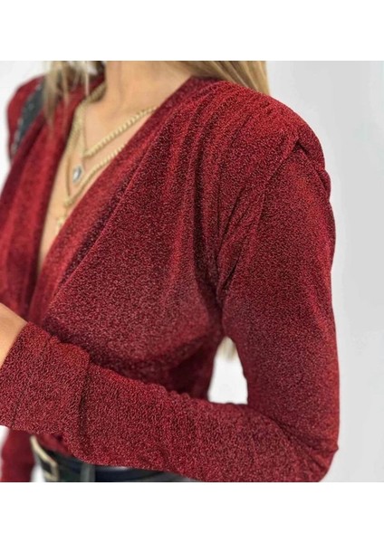 Kırmızı Simli V Yaka Vatkalı Likralı Kadın Party Bodysuit modelleri