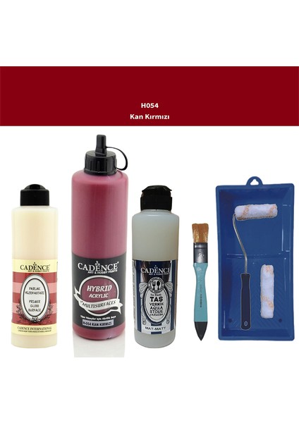 Banyo Mutfak - Multi H - 054 Kan Kırmızı 500 ml Parlak Yüzey Ast 250 ml Taş Vernik Mat 250 ml Saten Rulo Set