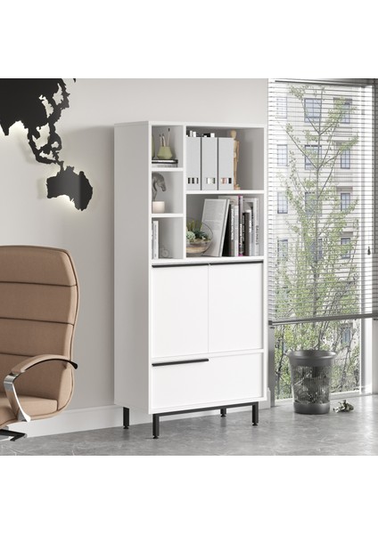 Leena Ofis Klasör Dolabı Kitaplık 3 Kapaklı Metal Ayaklı Beyaz LA9B-W