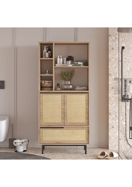 Leena Banyo Dolabı Çok Amaçlı Dolap 3 Kapaklı Metal Ayaklı Uv Baskı Sepet-Jüt LA9C-SU