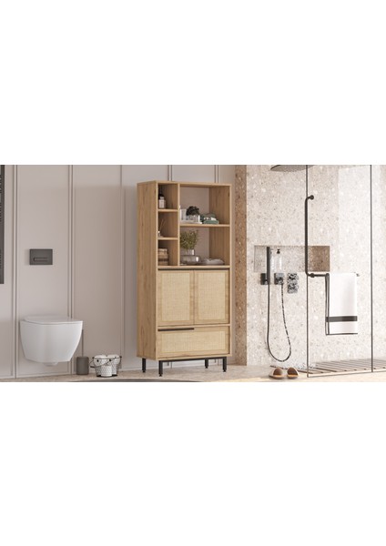 Leena Banyo Dolabı Çok Amaçlı Dolap 3 Kapaklı Metal Ayaklı Uv Baskı Sepet-Jüt LA9C-SU fiyatları