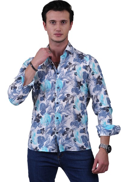 Beyaz Üzerine Lacivert Turkuaz Hawaii Yaprak Baskılı Pamuk Keten Slim Fit Erkek Gömlek