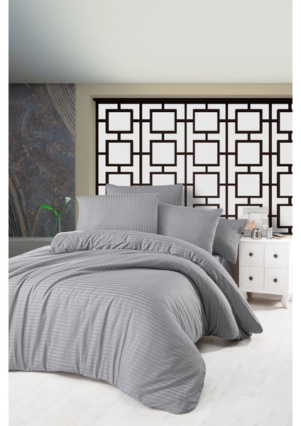 Pamuklu Otel Serisi Çizgili Tek Kişilik Nevresim Takımı (Lastikli Çarşaflı)