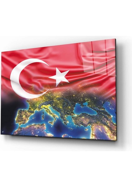 Türk Bayrağı ve Dünya Haritası Cam Tablo