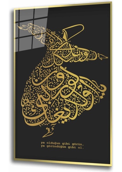 Mevlana Semazen Sarı Siyah Cam Tablo