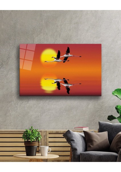 Gün Batımında Leylekler Cam Tablo Storks At Sunset Table