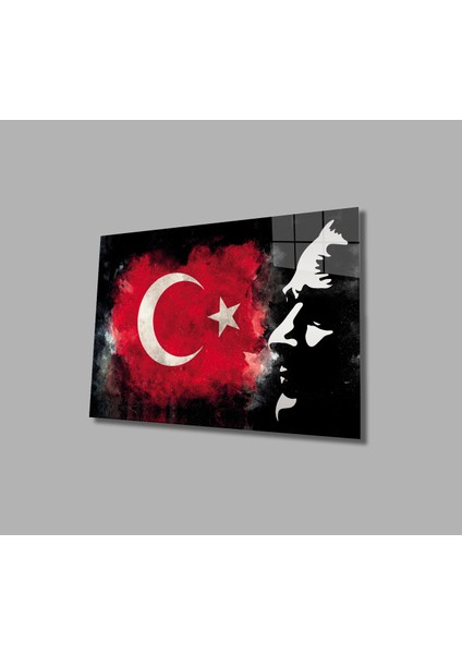 Atatürk Bayrak Atatürk Silüetli Gölgeli Siyah Fonlu Cam Tablo