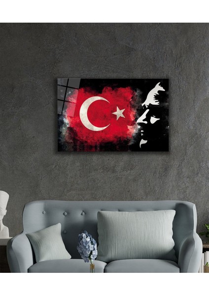 Atatürk Bayrak Atatürk Silüetli Gölgeli Siyah Fonlu Cam Tablo fiyatları