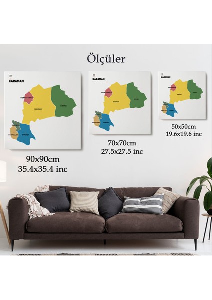 Karaman Ili ve Ilçeler Haritası Dekoratif Kanvas Tablo 1377