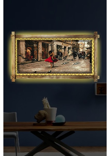 Kırmızılı Kadın LED Işıklı Rustik Kanvas Tablo O 96 x 56