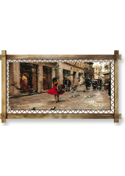 Kırmızılı Kadın LED Işıklı Rustik Kanvas Tablo O 96 x 56