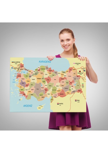 Türkiye Haritası Kanvas Tablo Sınır Komşulu Eğitici Dekoratif Tablo 3101 fırsatları