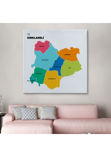 Kırklareli Ili ve Ilçeler Haritası Dekoratif Kanvas Tablo 1394
