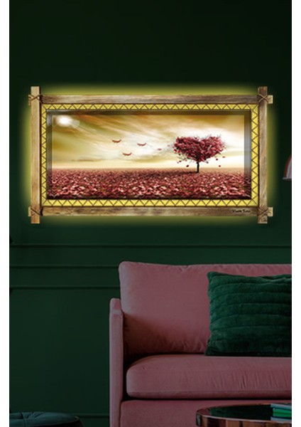 Kalp Ağaç LED Işıklı Rustik Kanvas Tablo B 96 x 66