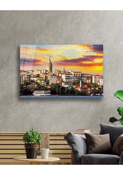 Kızıl Gökyüzü Galata Kulesi Istanbul Manzaralı Cam Tablo