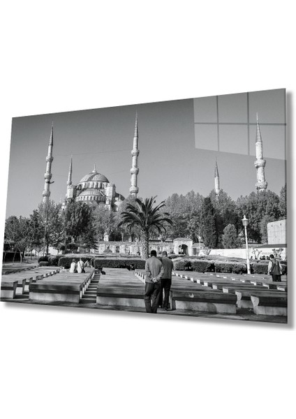 Istanbul Siyah Beyaz Camii ve Insan Manzaraları Cam Tablo