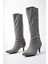 Secret Model Gri Süet Sivri Burun Ince Topuklu Çıt Çıtlı Kadın Çizme 3